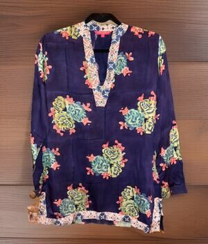 Lisa Corti Milano Tunic Made In India Viscose Block Print Blouse Top Sz S NWOT